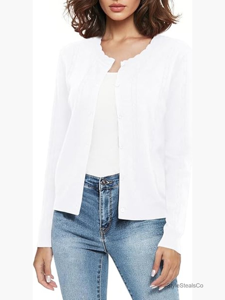 Cropped Crew Neck Cardigan, Soft Knit, Long Sleeve, Open Front, Versatile